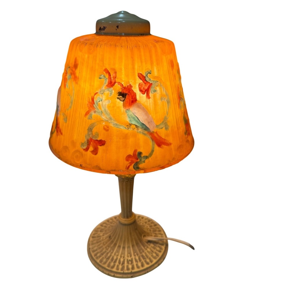 Antique Cast Iron Parrot Lamp Amber Glass Ribbed Pairpoint Style Art Nouveau